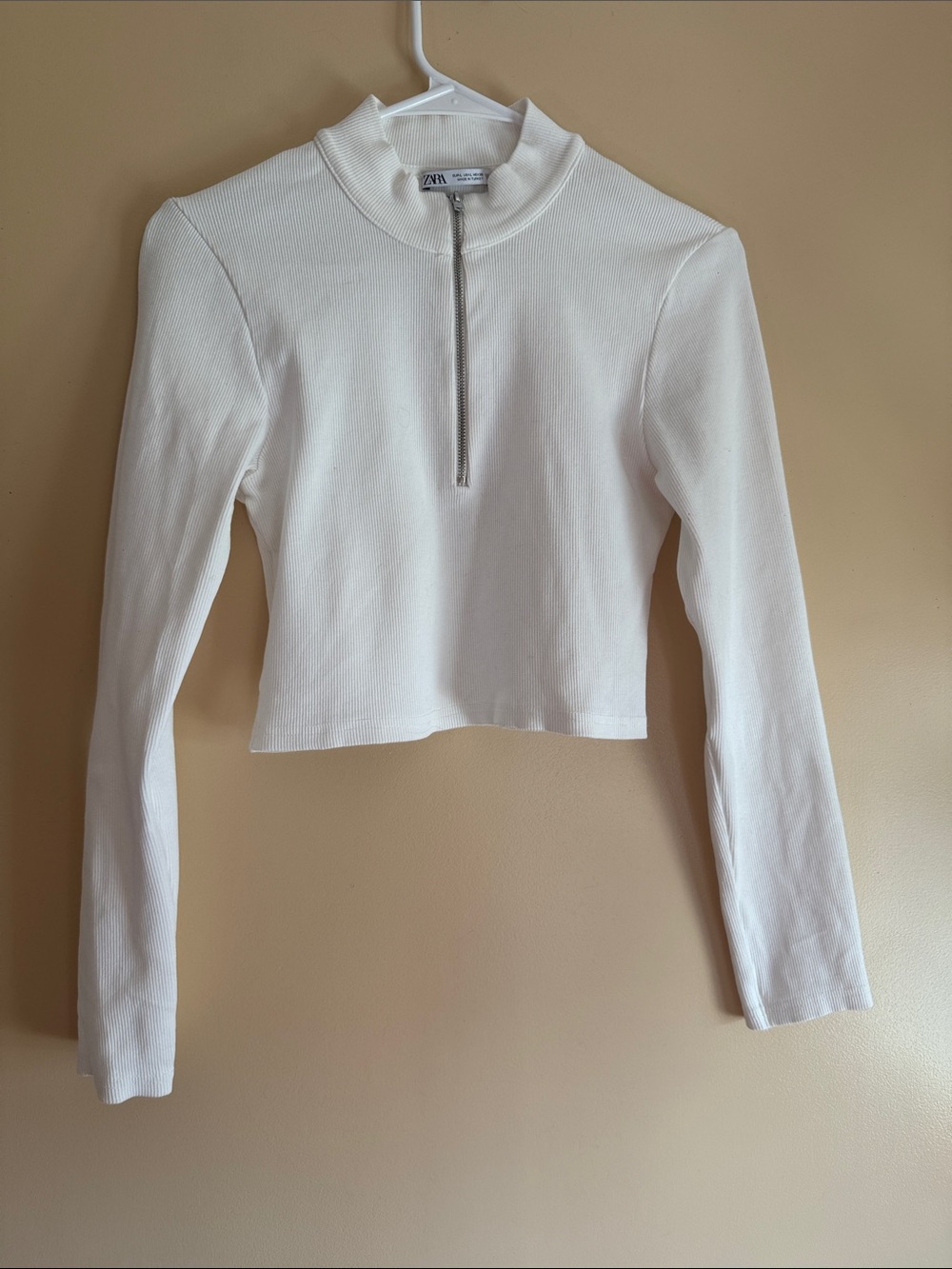 Zara White Ribbed Half-Zip Cropped Long-Sleeve Top